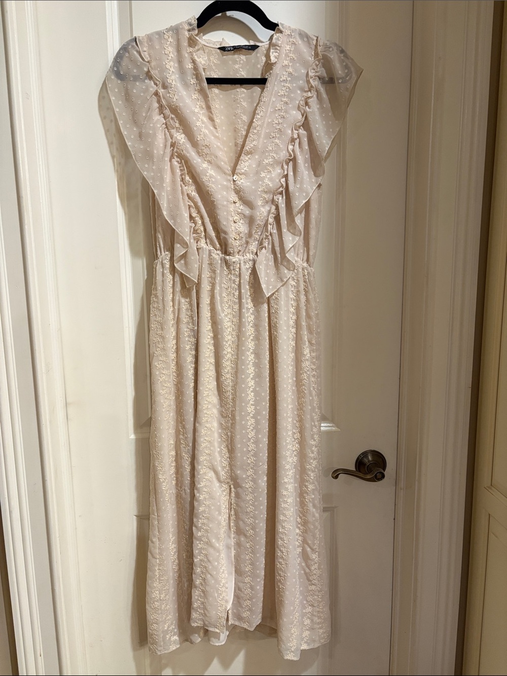 Zara lace and ruffle Ecru Midi Dress Size Medium